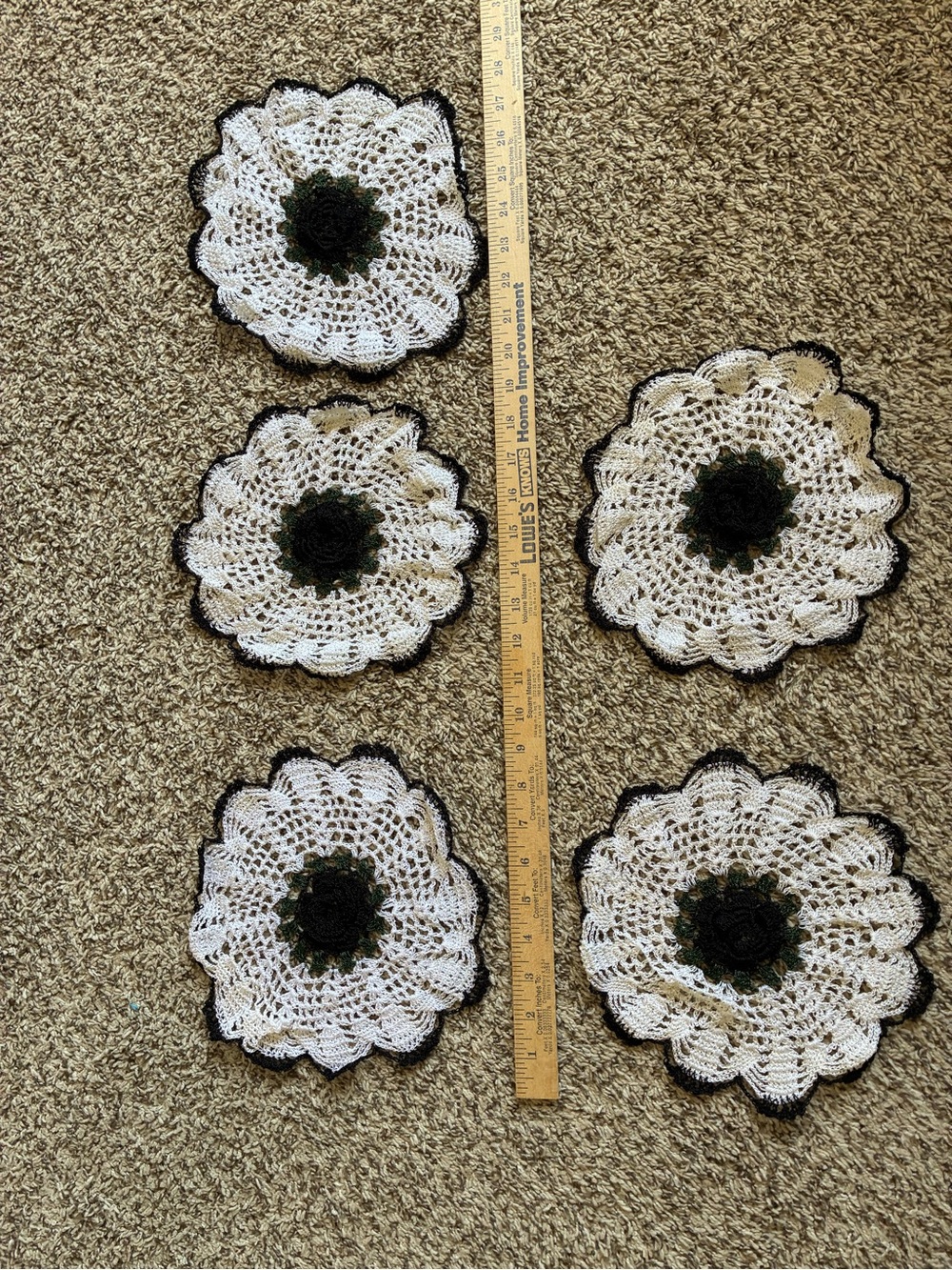 Handmade Crochet White and Black Floral Coasters - Set of 6